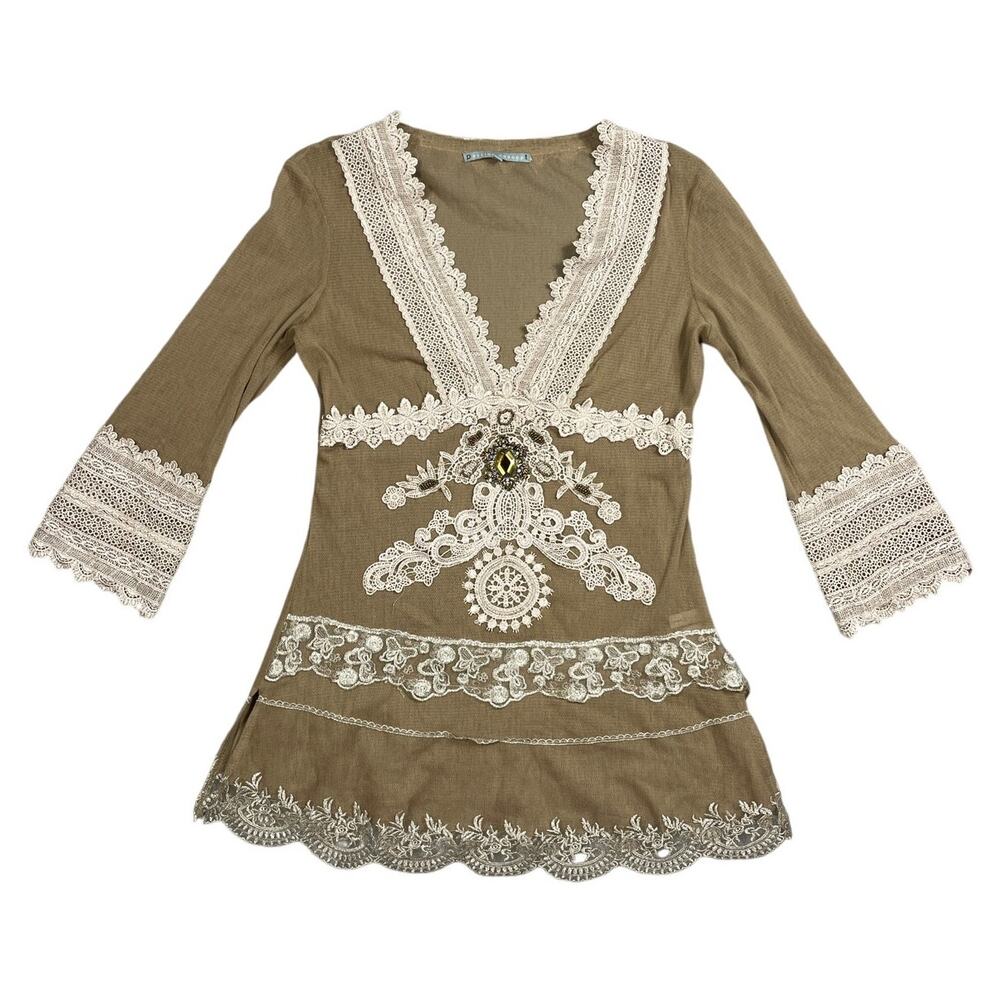 Passion Concept Womens Size S Sheer Y2K Lace V-Neck Long Blouse *Flaw